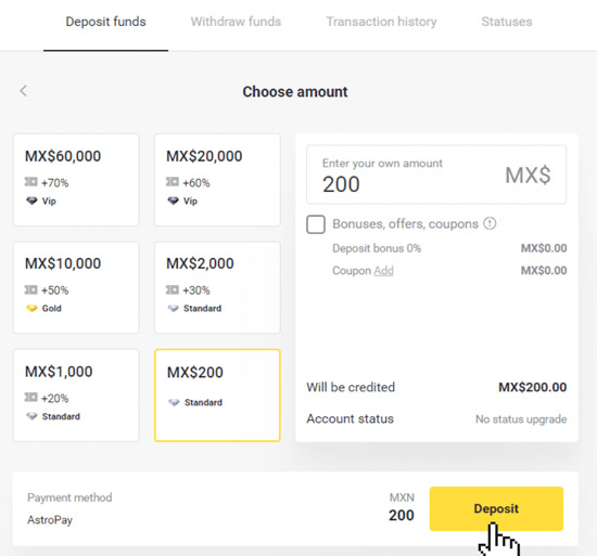 “AstroPay” deposit amount