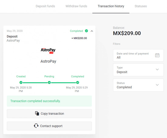 Depósito processado com sucesso pelo AstroPay