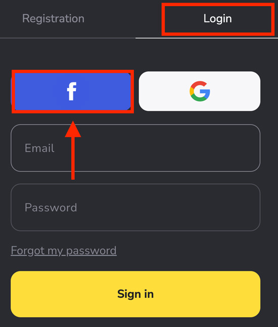 Faça login no Binomo usando o Facebook