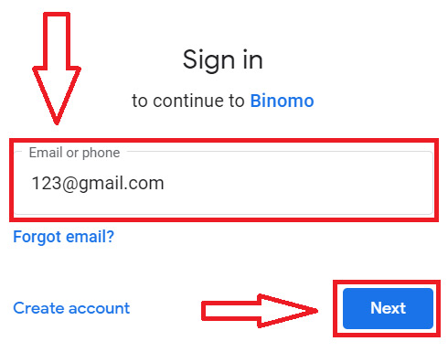 Inicie sesión en Binomo usando Gmail