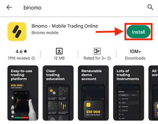 O aplicativo Binomo de negociação para Android