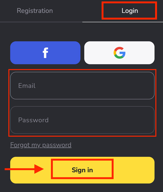 Binomo login form