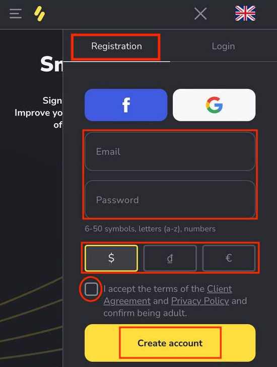 The mobile web version of the trading platform