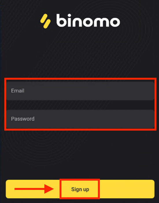Inscription à un compte Binomo sur Android